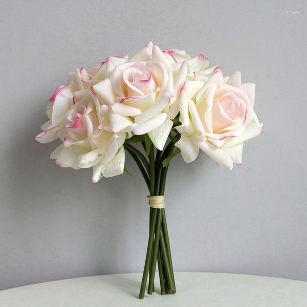 Декоративные цветы 5 головы искусственное завиток края розовая букет букет влага настоящий прикосновение Свадебная цветочная свадебная рука с розами