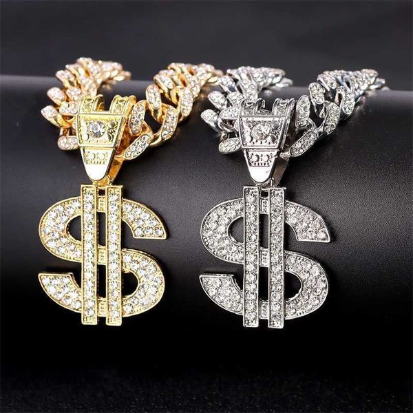 Подвесные ожерелья хип -хоп доллар знаком кубинского сети ожерелье Женщины Мужчины Роскошные из золотого серебристого цвета серебристого цвета.