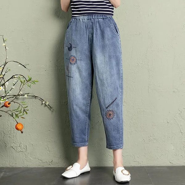 Sommer Elastische Taille Jeans Frauen Vintage Stickerei Denim Hosen Damen Casual Retro Floral Cowboy Mode Gestellte Harem
