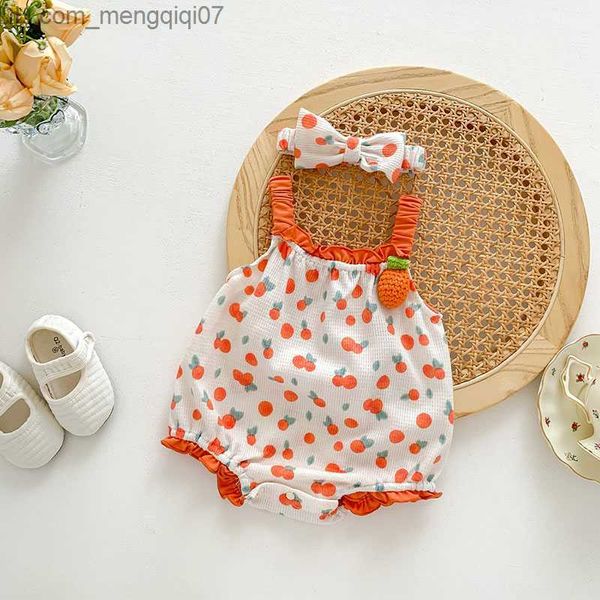 Strampler Milancel 2023 Sommer Baby Hautenge Kleidungsstück Waffel Baby Mädchen Kleidungsstück Fruchtdruck Kleinkind Ein Stirnband Z230710