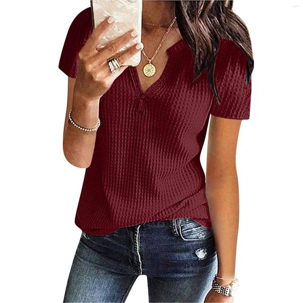 Camicette da donna Camicie a maniche corte da donna Sexy scollo a V profondo Top casual T-shirt tinta unita da donna in cotone e lino scozzese Top da lavoro per ufficio