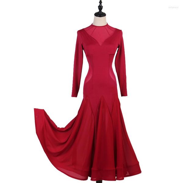 Desgaste de Palco Vinho Vermelho Vestidos de Dança de Salão Feminino Vestido de Valsa Trajes de Malha Foxtrot Padrão Rumba Saias Longas Presente de Aniversário