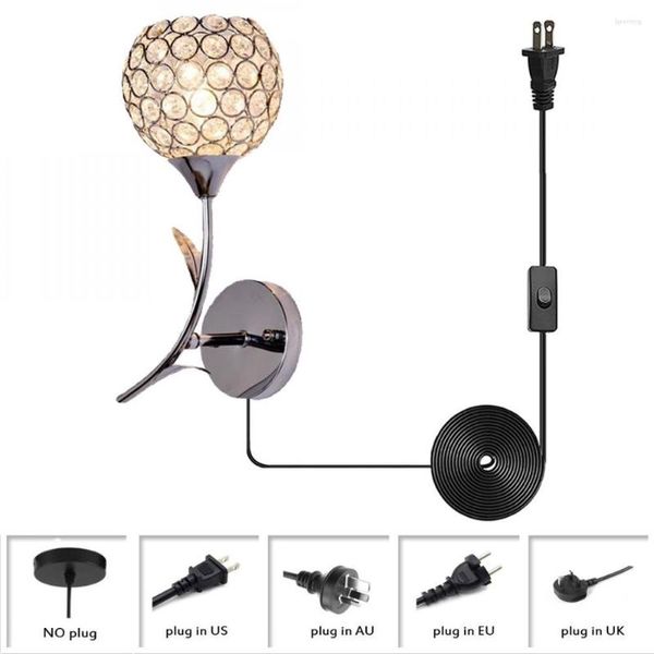 Lampada da parete Classic Plug In Cord Vanity Silver Metal Light Fixture Crystal Glass Flower Paralume Sconce