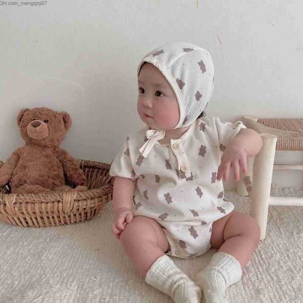 Macacão novo bebê verão manga curta roupa apertada estampa de urso fofo meninos algodão waffle uma peça moda meninas roupas Onesie roupas de bebê Z230711