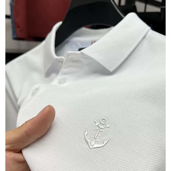 Polos masculinas de algodão verão high-end âncora bordado lapela negócios polo camisa casual moda legal cor sólida blusa de manga curta