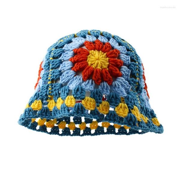 Boinas Sweet Girl Crochet Bucket Hat Senhoras Pescador Boné Com Estampa de Flores Mulher Adolescentes Casual Verão Protetor Solar