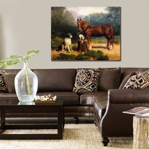 Reprodução de arte em tela de alta qualidade do cavalo George Stubbs e dois cães em uma pintura de paisagem de cavalo pintada à mão