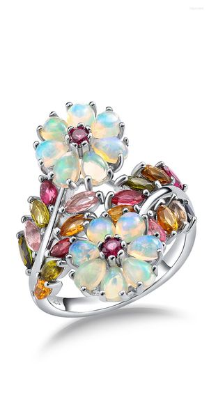 Cluster Ringe Seasky Authentische 925 Sterling Silve Blume für Frauen Natürlicher Opal Turmalin 3ct Edelsteine Bunter trendiger feiner Schmuck