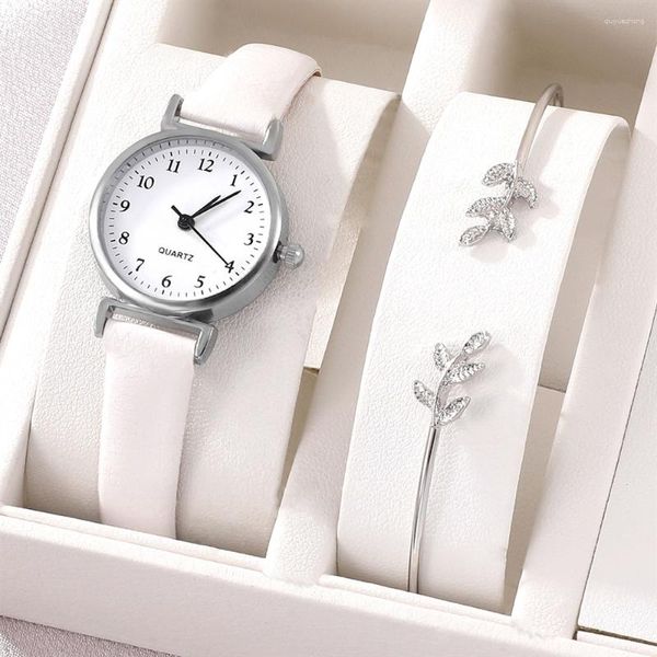 Relógios de pulso femininos de luxo com pulseira de quartzo conjunto feminino mostrador branco couro simples Montre Femme