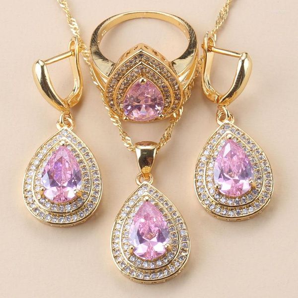 Collana Orecchini Set Sposa Damigella D'onore Rosa Cubic Zirconia Costume Da Sposa Goccia D'acqua Per Le Donne E Anello Confezione Regalo Gratuita