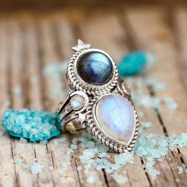 Vintage tibetischer Mondstein-Kristall-Ring für Frauen, Boho, antiker indischer natürlicher zweifarbiger Steinring, feiner Schmuck, Damen-Geschenke