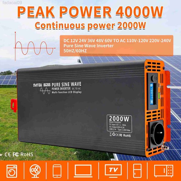 Araba Atlama Başlangıç ​​Datouboss Saf Sinüs Dalgası 4000W DC 12V 24V 36V 48V 60V 72V - AC 220V 240V İnvertör Sürekli Güç 2000W HKD230710