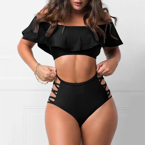 Damen-Bademode, Badeanzug für Frauen, schulterfrei, gerüscht, Bikini, sexy, eng, einfarbig, geteilt, Push-Up-Badebekleidung, Sommer-Strand-Outfits