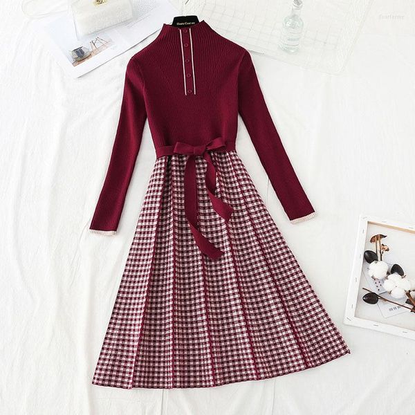 Casual Kleider Chic Strickpullover Frauen Plaid Stehen Langarm Knopf Midi Kleid Dicke Warme Herbst Winter Weibliche Büro Dame Spitze-up