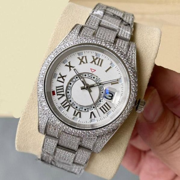 Tam Elmas Saat Erkekleri Otomatik Mekanik Saatler 41mm Diamond çipli çelik bileklik moda iş bilek saati Montre de Luxe Bling Dial Bezel Band -01