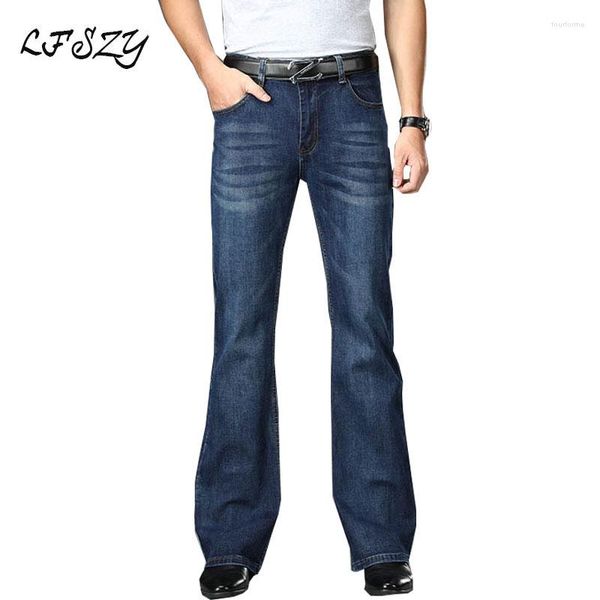 Erkek kot pantolon yüksek bel streç gevşek alevlendirilmiş denim geniş bacaklı pantolon klasik tasarım koyu mavi pantolon