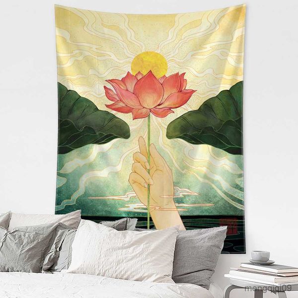 Arazzi Lotus Sunset Oil Painting Tapestry Wall Hanging Style Stregoneria Art Home Decor R230710