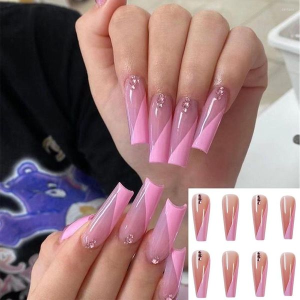 Unhas Postiças Ferramenta de Manicure Rosa Caixão Cobertura Completa Utilizável Pontas de Unhas Falsas Longas Bailarina com Strass Francês