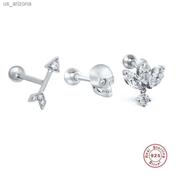 Aide 925 Sterling Gümüş Beyaz Cz Kristal Çiçek Saplama Küpe Kadınlar için Kaya Punk Kafatası Yılan Arrow Kıkırdak Kulak Saplama Takı L230620