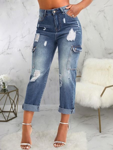 Женские джинсы Safari Styie высокая талия джинсовая брюки сексуальные боковые карманы и груз, разорванные прямой ногой, свободно подходит