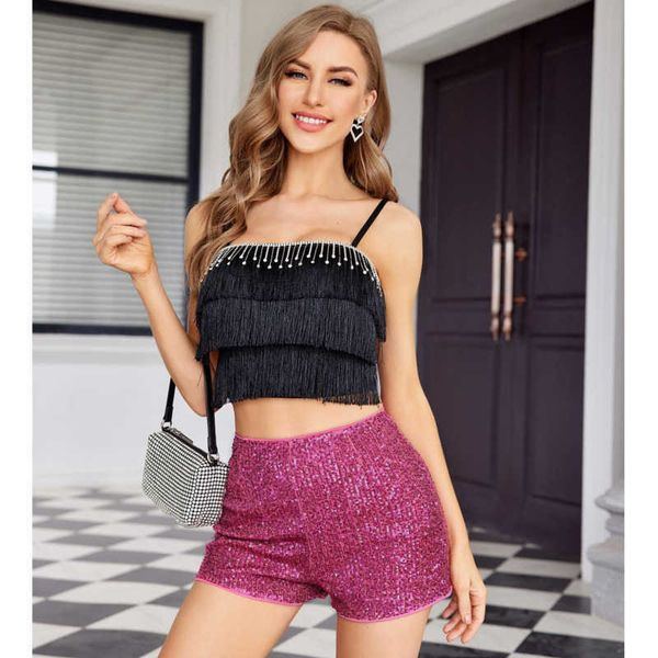 2023 Shorts Feminino de Lantejoulas Fashion Frisado Slim Fit Hot Pants Sólido Preto Cintura Média Sexy Multicolor Shorts Retos