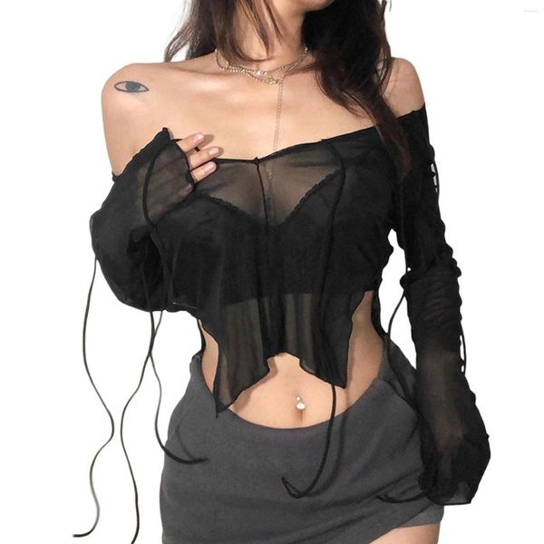 Camisetas femininas sexy com cadarço decote em V manga comprida preta para mulheres femininas clubwear blusas de malha fashion transparente tops curtos