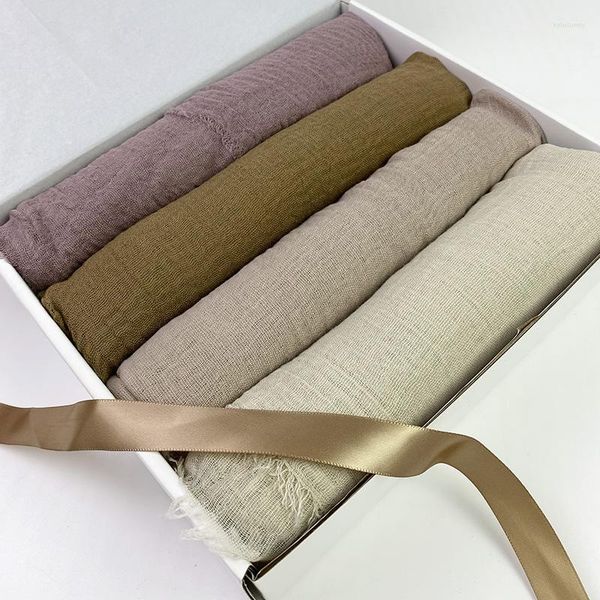 Ethnische Kleidung 4 Stück/Box einfarbiger Schal, Tücher, Baumwolle, Crinkle Wrap, Hijab-Schals, muslimischer Kopfschalldämpfer, große Pashmina-Geschenkbox, weiblicher Foulard