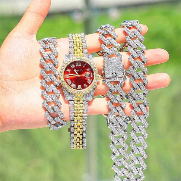 Strands Iced Out Bling Мужчины Женщины Часы Браслет Ожерелье Полный Горный Хрусталь Календарь Кварцевые Часы Relogio Feminino Мода Часы Подарок 230613