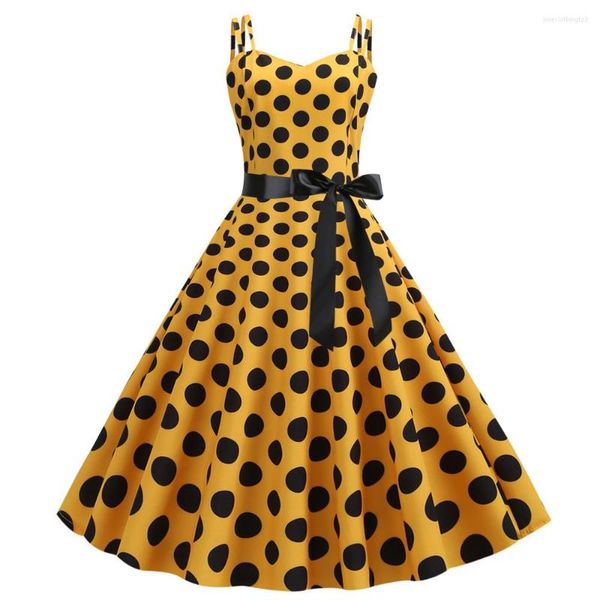 Lässige Kleider Gelb Polka Dot Vintage Sommer Frauen 2023 Chic Pinup Robe Sexy Spaghetti Strap Party Rockabilly Kleid Swing Sommerkleider