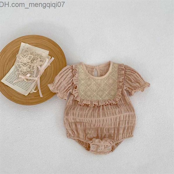 Pagliaccetti Estate 2023 New Baby O-Collo Otto dozzine di linee Catsuit manica corta Ragazze 'Cotone Ricamo Indumento attillato Tuta per bambini Progetto Z230710