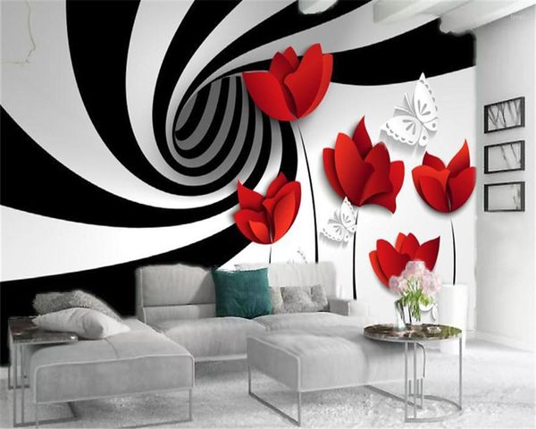 Papéis de parede 3d Papel de parede de flores Linhas pretas Expandir espaço Flores vermelhas Sala de estar Quarto Proteção Decoração Mural