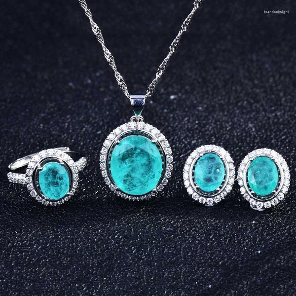 Halskette, Ohrringe, Set, zarter Vintage-Oval-Schmuck mit Paraiba-Turmalin-Stein-Ringen für Frauen, Hochzeitstag, Geschenk