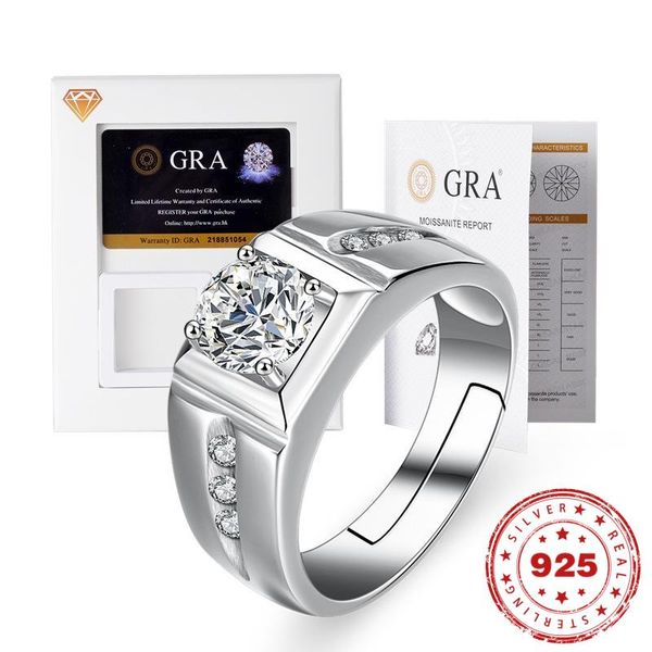 HOYON S925 Prata 1 Anel de Diamante Moissanite para Homens Noivado de Casamento Jóias de Ouro Branco Boca Ajustável Compras Grátis