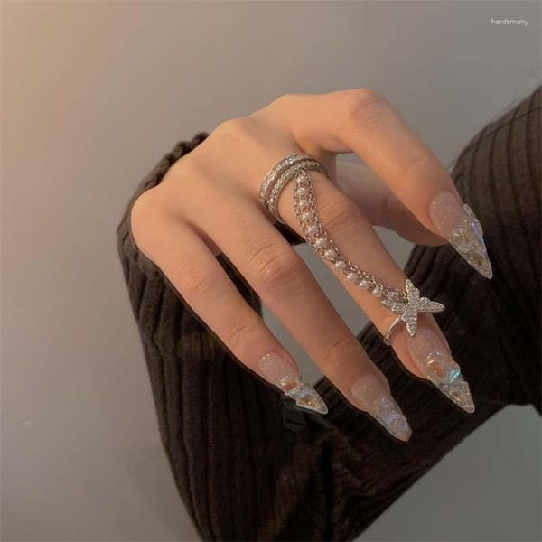 Cluster Rings Elegante Borla Pérola Cadeia Borboleta Para Mulheres Meninas Y2K Brilhante Strass Zircão Anel de Dedo Aberto Ajustável Multi-Camada