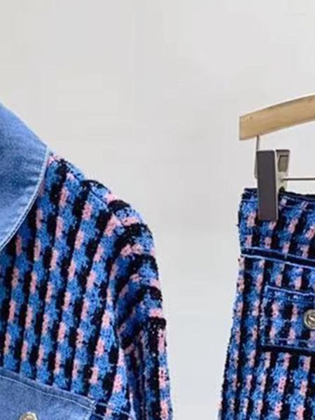 Kadınların Trailtsits Houndstooth Örgü Takım Fermuarı Düz ​​Şortları veya Denim Dikiş Dönüşü Aşağı Yaka Uzun Kollu Tek Göğüslü Ceket