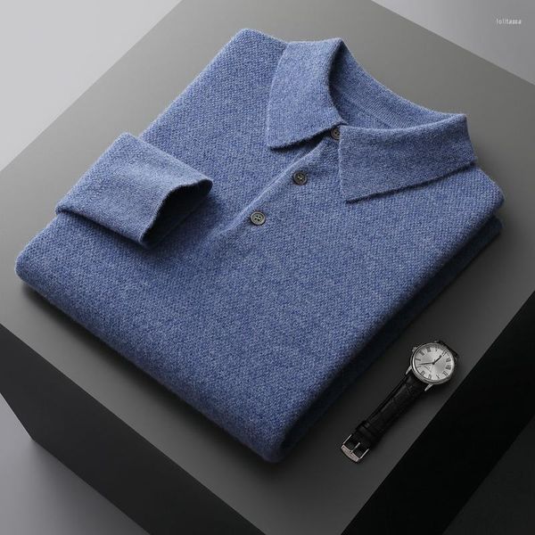 Maglioni da uomo autunno e inverno collo a polo manica lunga tinta unita in cashmere maglione di alta qualità in pura lana lavorata a maglia