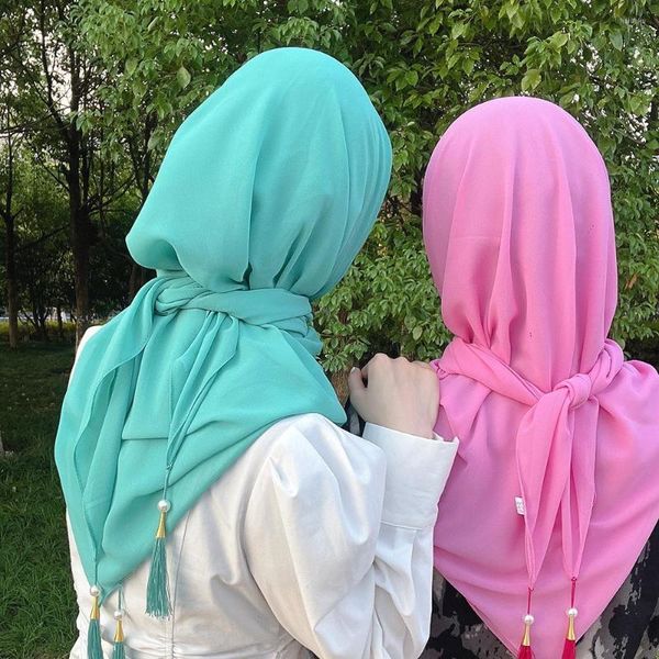 Ethnische Kleidung, malaysische Hijabs, Anhänger, Perlenquaste, Bawal Tudung, einfarbig, hochwertiger Schal, hochwertiger schwerer Chiffon-Hijab, quadratischer Schal