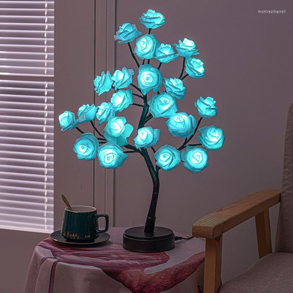 Candeeiros de mesa Lâmpada de mesa Rosa Bonsai Luz Espírito de fada 24 LED Decorativa para sala de estar