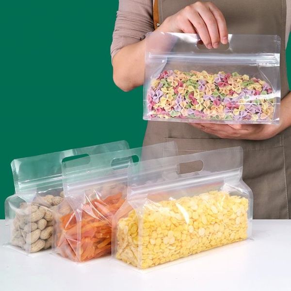 Sacchetto di plastica trasparente a fondo piatto Sacchetti di stoccaggio per alimenti a guscio Trasparente con cerniera autosigillante Stand Up Packaging Bag SN4182