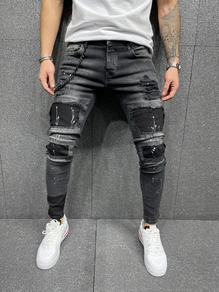 Trench Men Ripped Jeans Skinny Biker de alta qualidade Black angustiado Slimfit calça lápis Locomotive Zipper Jeants Hip Hop Troushers