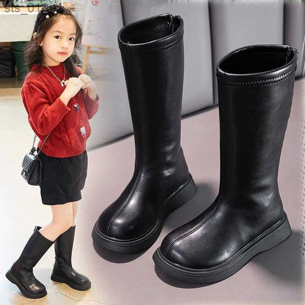 Botas de Couro Infantil para Meninas Simples Clássica Moda Infantil Botas até o Joelho Algodão Quente nas Costas Com Zíper Longo Moto Inverno Novo L230518