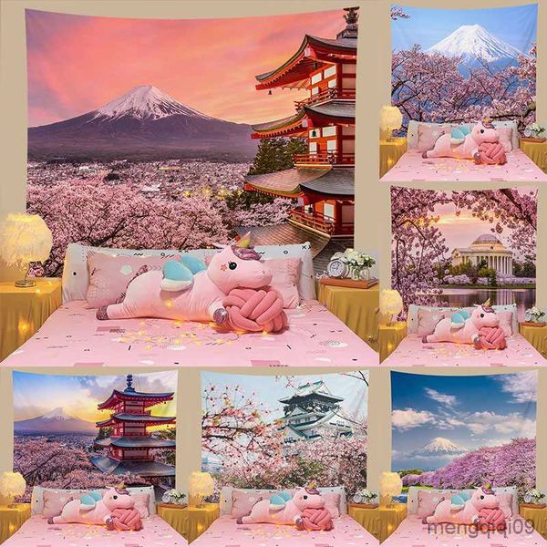 Tapeçarias Tapeçaria Paisagem Sakura Tapeçaria para pendurar na parede Oriental Cherry Fundo Personalidade Decoração Pano para pendurar R230710