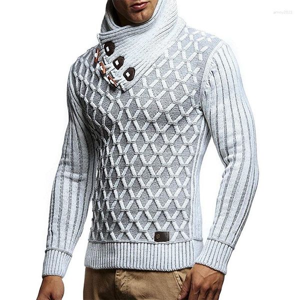 Suéter masculino outono inverno masculino pulôver de couro gola alta com botões