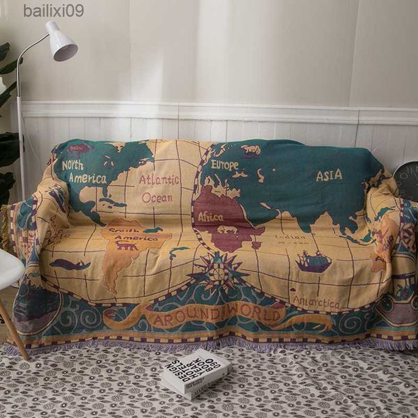 Decken Weltkarte, doppelseitige Boho-Strickdecke für Schlafzimmer, Baumwolle, atmungsaktiv, Sofagarndecke, nordische kurze Decke mit Quaste, T230710