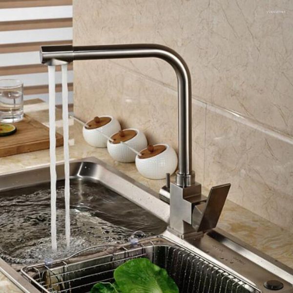 Rubinetti da cucina Rubinetto per purificatore d'acqua quadrato e freddo in ottone Rubinetto per purificatore d'acqua girevole a 360 gradi con doppia maniglia a foro singolo