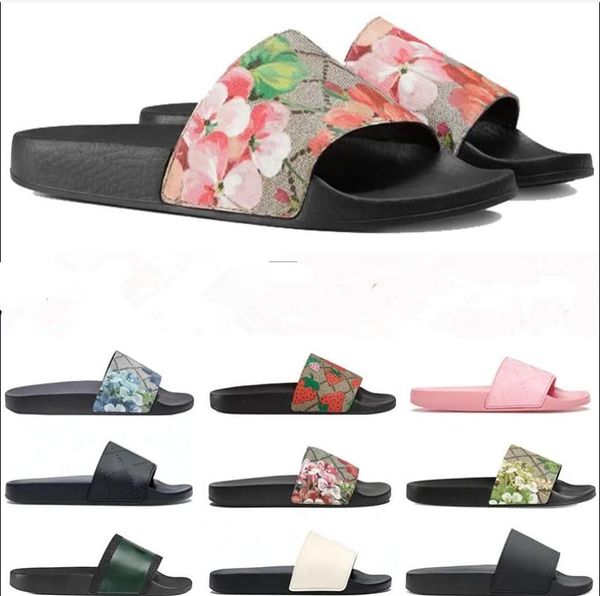 2023 Designer -Pantoffeln Männer Frauen mit Schachtel Dust Bag Card Schuhe Schwarze Blumenbeere Drucknetzgummi -Leinwand grüne Blumen Sandale Sommer Flat Slipper