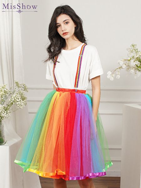 Saias MisShow Mulheres Rainbow Tutu Saia Curta 5 Camadas Tule Macio Pettiskirt Meninas Natal Dia das Bruxas Cosplay Trajes Malha 230710