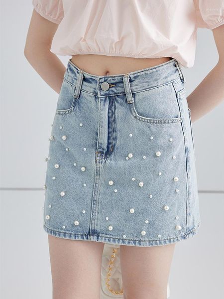 Röcke Koreanische Mode Süße Stil A-LINE Denim Rock Sommer Frauen Harajuku Chic Perle Kurze Mini Jean Weibliche Sexy Hohe Taille