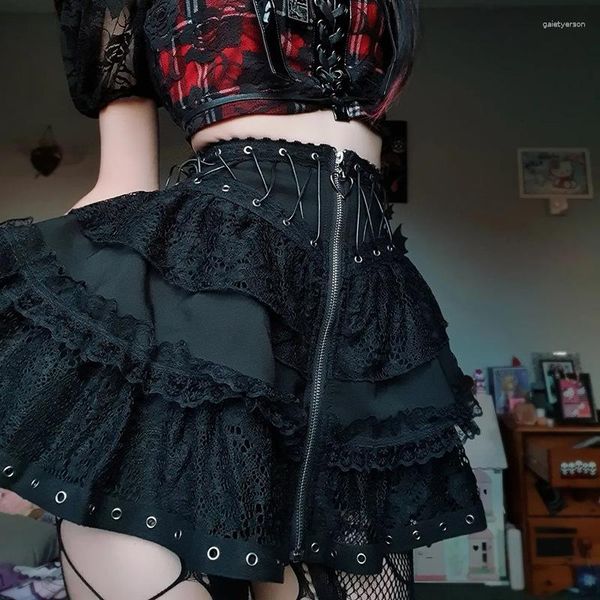 Saias Lolita Saia Gótica Preto Lace Ruffle Cake Y2K Japonês Streetwear Sexy Cintura Alta Estética Feminina Minifalda