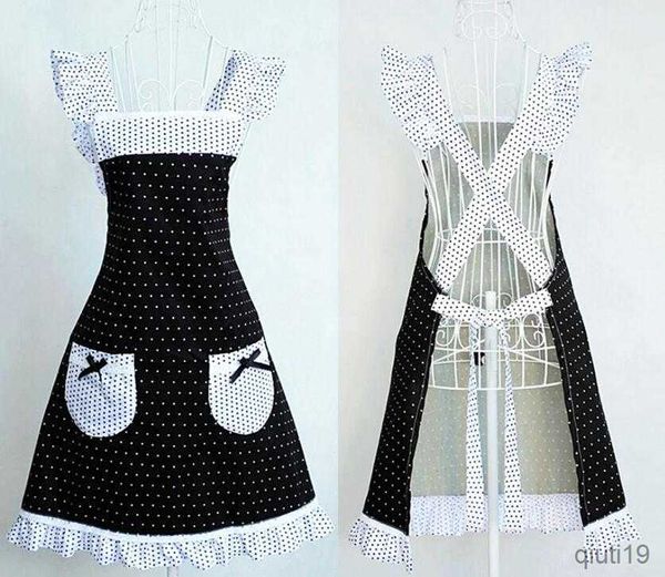 Grembiule da cucina Princess Volant Pizzo Nero Bianco Pois Cucina Grembiuli da cucina per donna con tasche Cross Back Drop R230710